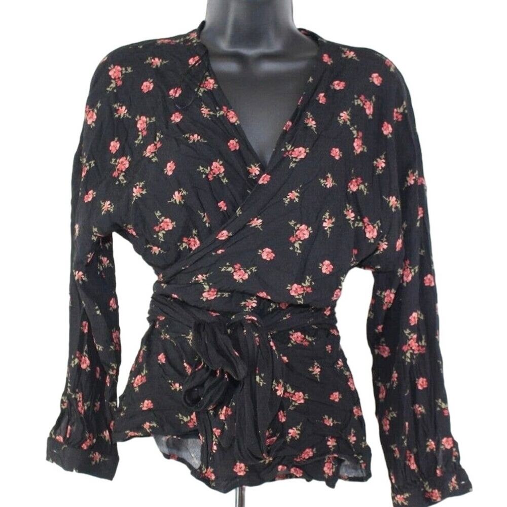 Zara Black Wrap Blouse with Small Red Floral Print